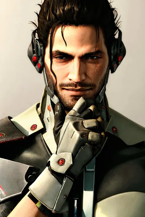 (masterpiece, best quality:1.2), <lyco:Jetstream_Sam-09:0.8>, <lyco:concept_handonownchin-11:1.0>, solo, male focus, 1boy, jetstream sam, cyborg, scar on face, facial hair, beard, smile, looking at viewer, hand on own chin