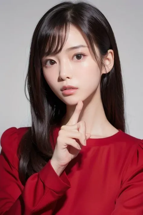 (((8K))),((perfect anatomy)),((hyperrealistic)),((highly detailed beautiful face and eyes)), ((professional photography lighting)),((4fingers and 1thumbs)),(ideal ratio body proportions:1.2),(smallness head:1.2),1girl ,20 yo,cute,Japanese idle (Japanese actress),attractive face,slender,solo,face focus, wearing red dress, upper teeth,simple background,from above <lora:concept_handonownchin:1> hand on own chin