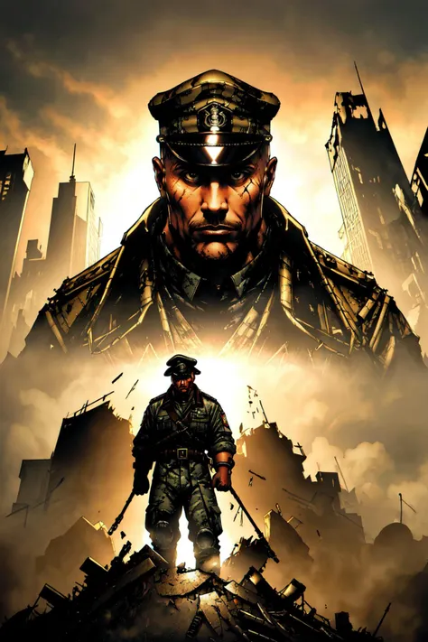 photo of th3r0ck, he is wearing a military clothes, military cap, in battleground destroyed city. dramatic lighting, <lora:TheRockV3:0.9>