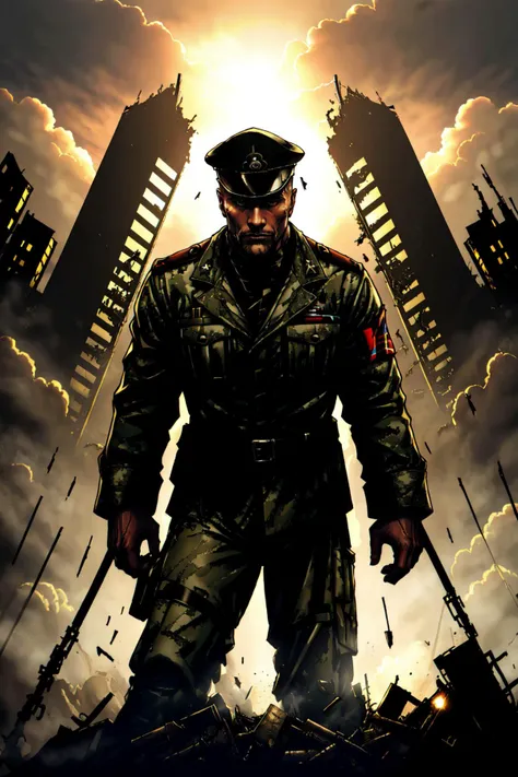 photo of th3r0ck, he is wearing a military clothes, military cap, in battleground destroyed city. dramatic lighting, <lora:TheRockV3:0.9>