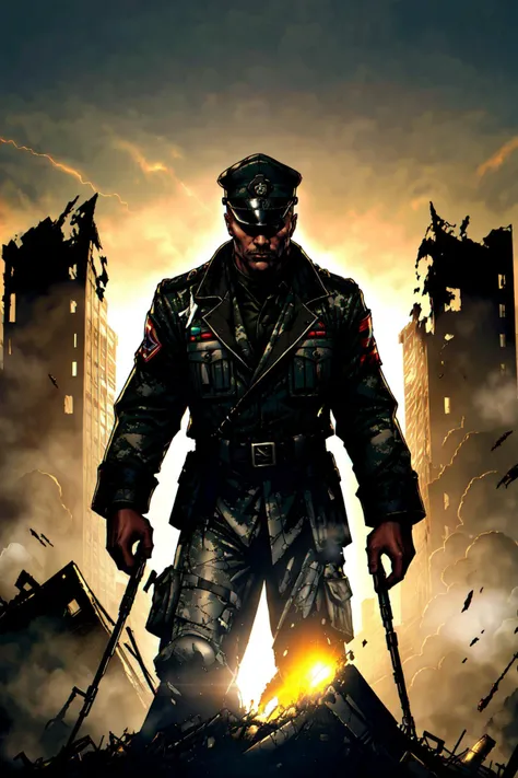 photo of th3r0ck, he is wearing a military clothes, military cap, in battleground destroyed city. dramatic lighting, <lora:TheRockV3:0.9>