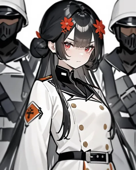 masterpiece,best quality,soldier,naval_uniform,looking at viewer,serious,
<lora:xuankai_xl:0.7>,xuankai snowbreak,1girl,solo,mole under eye,long hair,black hair,hair ornament,red eyes,flower,hair flower,small breasts,bangs,hair bun,