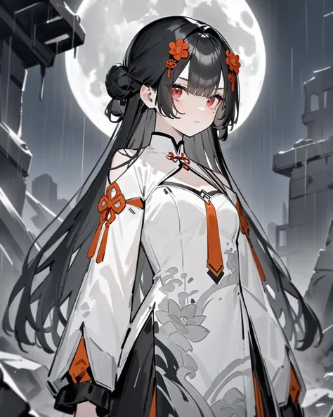 masterpiece,best quality,full_moon,rainy days,rubble_ruins,remains,looking at viewer,serious,cowboy shot,
<lora:xuankai_xl:0.7>,xuankai snowbreak,1girl,solo,mole under eye,long hair,black hair,hair ornament,red eyes,flower,hair flower,small breasts,bangs,hair bun,