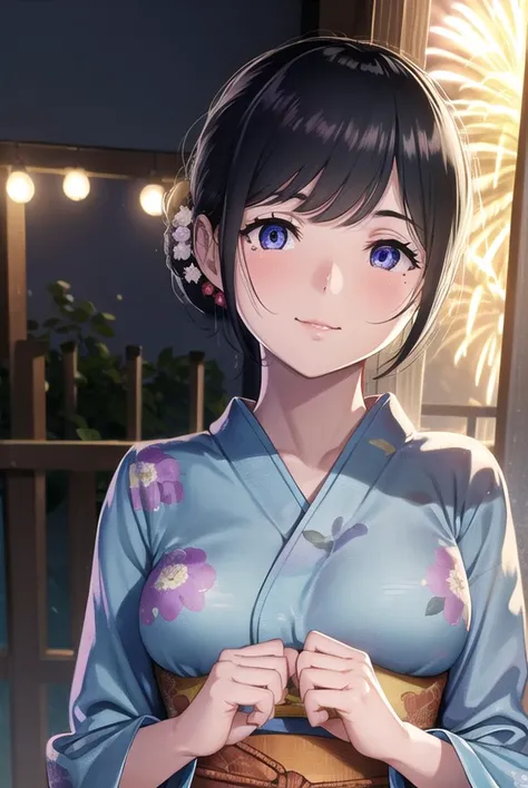 natsutojun, <lyco:natsutojun-lyco-nochekaiser:1>,
natsu to jun, short hair, bangs, hair ornament, mole, mole under eye, swept bangs, black hair, (purple eyes:1.1), smile,
BREAK long sleeves, japanese clothes, kimono, sash, obi, floral print,
BREAK outdoors, night, festival, fireworks, shrine,
BREAK looking at viewer, (cowboy shot:1.5),
BREAK <lyco:GoodHands-beta2:1>, (masterpiece:1.2), best quality, high resolution, unity 8k wallpaper, (illustration:0.8), (beautiful detailed eyes:1.6), extremely detailed face, perfect lighting, extremely detailed CG, (perfect hands, perfect anatomy),