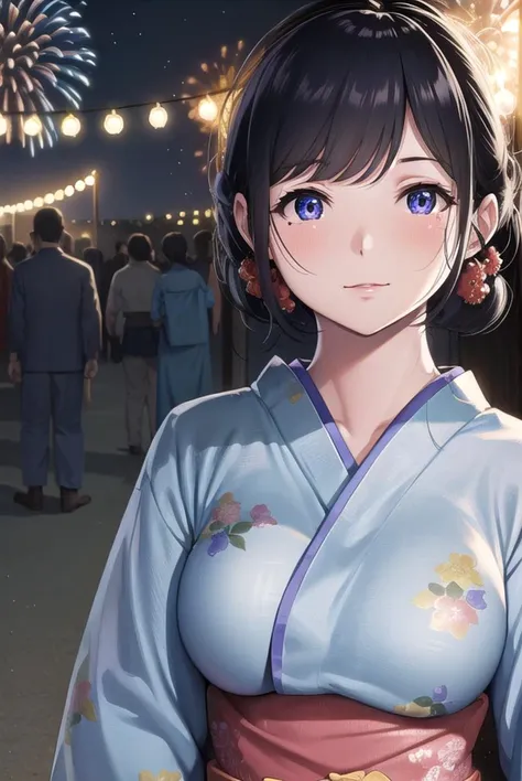 natsutojun, <lyco:natsutojun-lyco-nochekaiser:1>,
natsu to jun, short hair, bangs, hair ornament, mole, mole under eye, swept bangs, black hair, (purple eyes:1.1), smile,
BREAK long sleeves, japanese clothes, kimono, sash, obi, floral print,
BREAK outdoors, night, festival, fireworks, shrine,
BREAK looking at viewer, (cowboy shot:1.5),
BREAK <lyco:GoodHands-beta2:1>, (masterpiece:1.2), best quality, high resolution, unity 8k wallpaper, (illustration:0.8), (beautiful detailed eyes:1.6), extremely detailed face, perfect lighting, extremely detailed CG, (perfect hands, perfect anatomy),