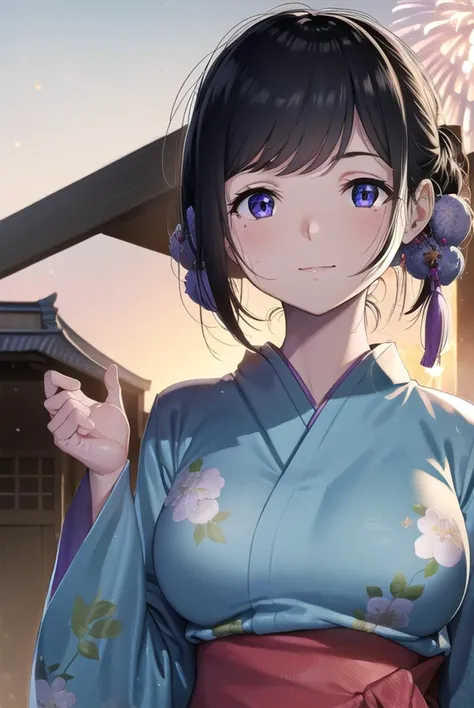 natsutojun, <lyco:natsutojun-lyco-nochekaiser:1>,
natsu to jun, short hair, bangs, hair ornament, mole, mole under eye, swept bangs, black hair, (purple eyes:1.1), smile,
BREAK long sleeves, japanese clothes, kimono, sash, obi, floral print,
BREAK outdoors, night, festival, fireworks, shrine,
BREAK looking at viewer, (cowboy shot:1.5),
BREAK <lyco:GoodHands-beta2:1>, (masterpiece:1.2), best quality, high resolution, unity 8k wallpaper, (illustration:0.8), (beautiful detailed eyes:1.6), extremely detailed face, perfect lighting, extremely detailed CG, (perfect hands, perfect anatomy),