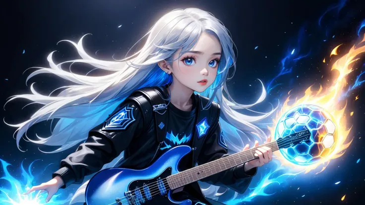 [beautiful (((-yeld Thh Metal little ginstone Pale lips))) with extremely long rainbow hair], [engulfed in blue fire] AND (Football tackling:1.2), chibi