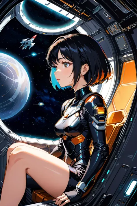 Anime artwork, woman sitting inside a spaceship, looking at the outside, deep black space, night scene, art by J.C. Leyendecker . anime style, key visual, vibrant, studio anime, highly detailed