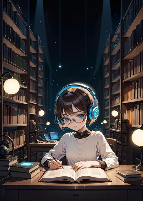 1 girl, short hair, headphone glasses
reading , desk, room
bookshelves
gadgets
sci-fi
fantasy
night, dim light
shadow
gradient
anime
mange-comic
(by Kay Nielsen)