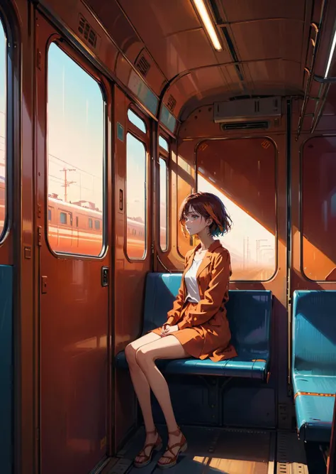 1 woman
 in a  train,  interior, rust, 
abstract
anime
gradient
by   Makoto Shinkai  Atey Ghailan