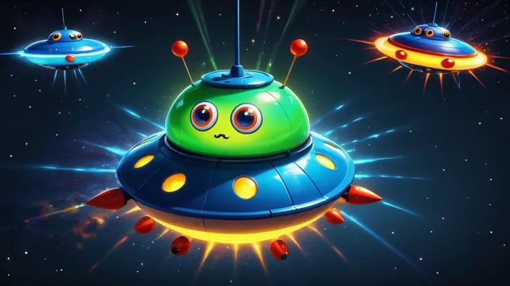 <lora:add-detail-xl:-2>, ((colorful, cartoon)), [kirby_(series)] aerial_view, 1other, cute adorable floating ufo ship with ((googly_eyes:1.25)), short, radio_antenna, shooting lasers, tractor beam, space, [planets],