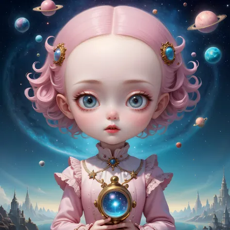 mark ryden, ray caesar, lowbrow style, masterpiece, best quality, highly detailed, sharp focus, dynamic lighting, vivid colors, texture detail, particle effects, storytelling elements, narrative flair, 16k, UE5, HDR, subject-background isolation, Nebula-Wandering Starchild, A cosmic traveler adorned with swirling galaxies and shimmering stardust, their eyes hold the secrets of the universe.