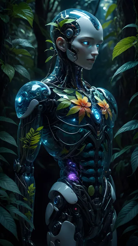 high detailed professional upper body photo of a transparent porcelain android looking at viewer, with glowing backlit panels, anatomical plants, dark forest, night, darkness, grainy, shiny, intricate plant details, with vibrant colors, colorful plumage, bold colors, flora, contrasting shadows, realistic, photographic