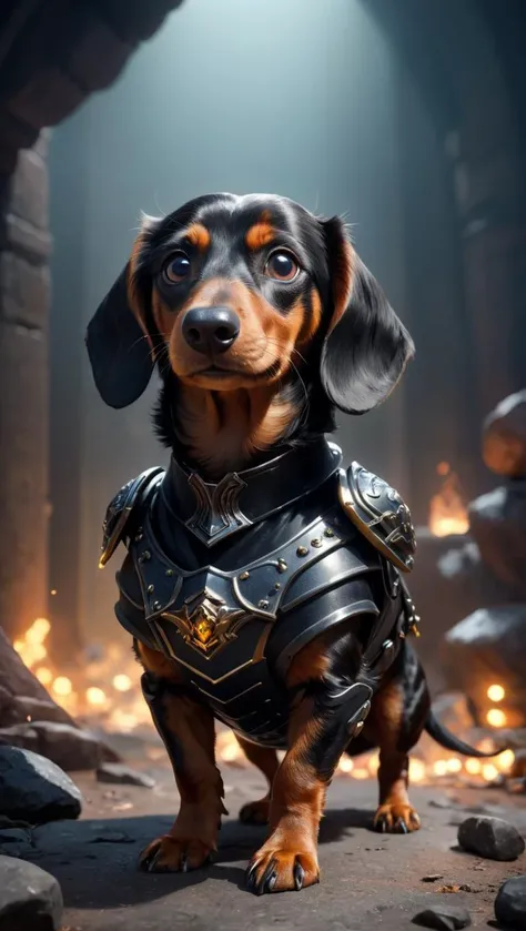 masterpiece, best quality, highly detailed, sharp focus, dynamic lighting, vivid colors, texture detail, particle effects, storytelling elements, narrative flair, 16k, UE5, HDR, subject-background isolation, 1minidachshunddog, shadow obsidian black scale armor, black metal, dark fantasy