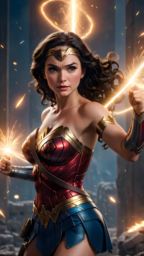wonder woman, masterpiece, best quality, highly detailed, sharp focus, dynamic lighting, vivid colors, texture detail, particle effects, storytelling elements, narrative flair, 16k, UE5, HDR, subject-background isolation