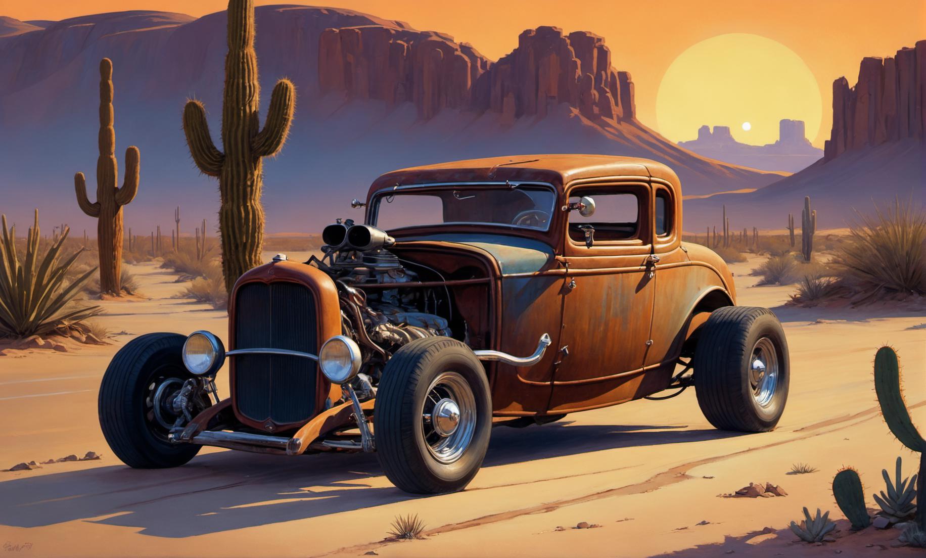 Painting of an old car in the desert with a cactus in the background ...