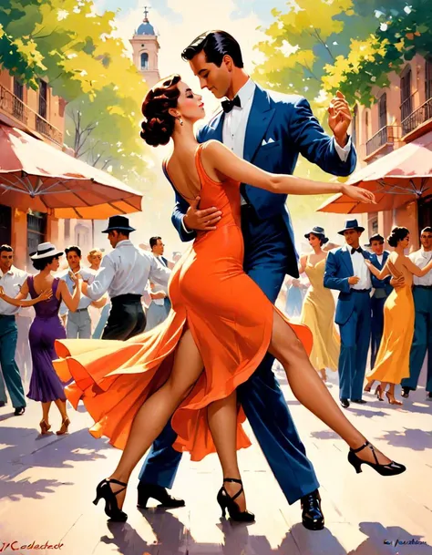 Couple dancing tango, Buenos Aires outdoors, art by J.C. Levendecker