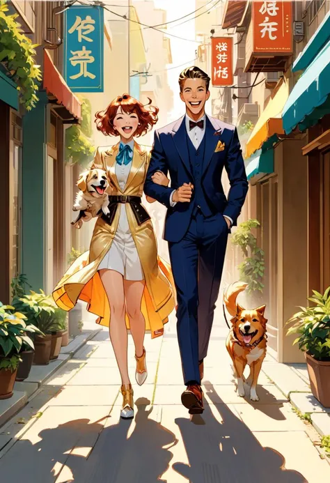 Anime Network, Couple walking dog, laughing, art by J.C. Leyendecker, Anime style, key visual, vibrant, studio anime