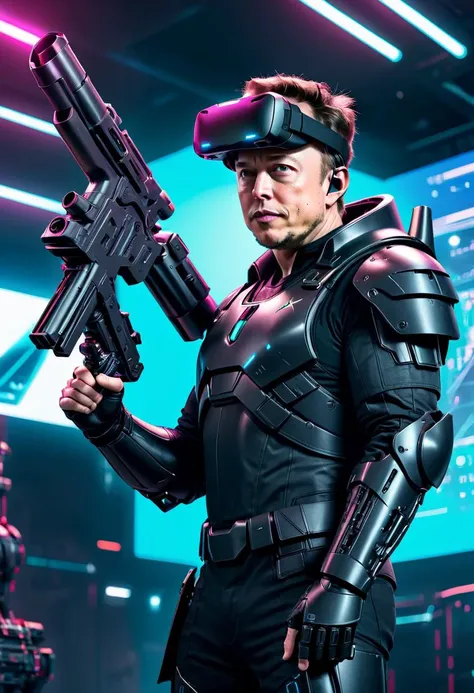 Elon Musk wearing VR helmet and cyberpunk armor, pointing with a big gun