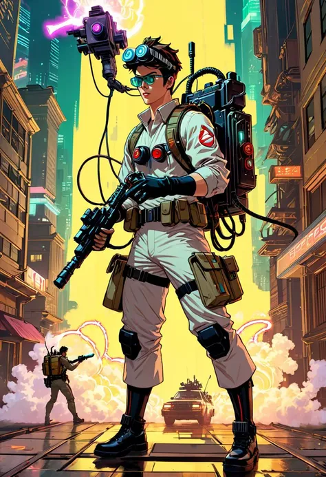 Anime artwork. Male Ghost Busters, firing Spengler's Proton Pack, wearing VR helmet, cyberpunk 2077 cityscapes, art by J.C. Leyendecker