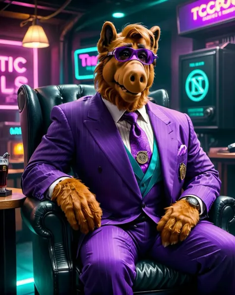 cyberpunk style Alf Person, Mafia boss, mafia hat, sitting on big chair, cigar, cyberpunk room. cyberpunk, vaporwave, neon, vibes, vibrant, stunningly beautiful, crisp, detailed, sleek, ultramodern, neon highlights, dark purple shadows, high contrast, cinematic, ultra detailed, intricate, professional, <lora:Alf SDXL LoRA - Trigger w Alf Person:0.8> , <lora:wowifierXL:0.4> art by mooncryptowow,