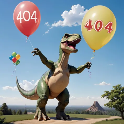 a dinosaur, holding a balloon, a text "404" on the ballon, creating a whimsical and lighthearted scene, sky, outdoor