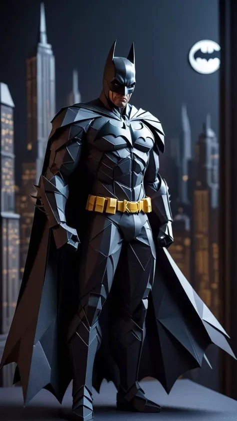 Batman, meticulously crafted from vibrant origami paper, poised in a dynamic and determined stance, with sharp, angular folds and intricate details, casting dramatic shadows under soft, ambient lighting, set against a backdrop of gotham city | finely-detailed, perfect focus, sharp, vibrant, subject-background isolation, f/2.8, 1/30, 50mm, ISO 100