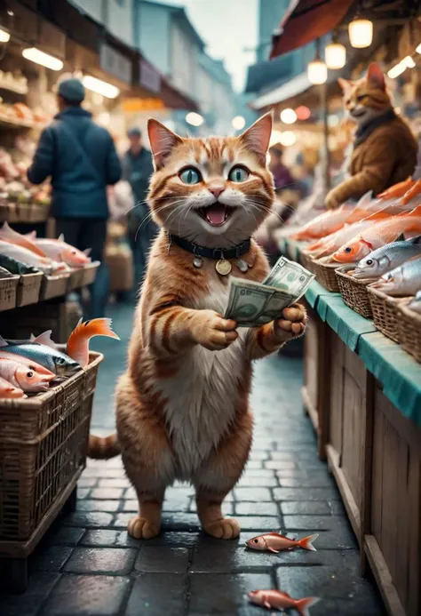Cinematic still of cat buying fish with money in paws, shopping with laughing in a market. Shallow depth of field,  vignette,  highly detailed,  high budget,  bokeh,  Cinemascope,  moody,  epic,  gorgeous,  film grain,  grainy