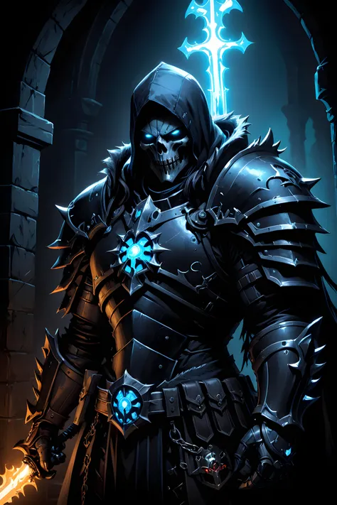 warrior lich, Necromancy,  4@C65,  knight, wisdom, horror, fantasy, die, under mortal,  immortal, scare, scull, dark magic, zombie, skeletal, frozen, frozen sword in blood hands, masterpiece, epic, realistic, intricate detailed, powerful, sacrifice, full iron armor, open mouth, abstract darkness in background, rpg, octane render,