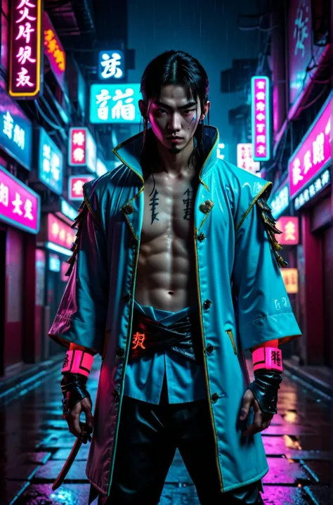 Neon noir, photograph, Disgusting, Profound Bright short Yuan Dynasty Male Rogue, Moonlight, Canon R5, Cyberpunk, dark, rainy streets, neon signs, high contrast, low light, vibrant, highly detailed