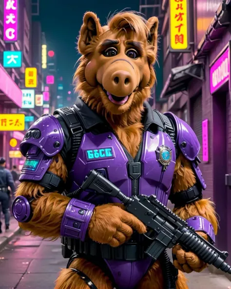 cyberpunk style Alf Person, cyber police uniform, holding big gun, full body, smile, cyberpunk city. cyberpunk, vaporwave, neon, vibes, vibrant, stunningly beautiful, crisp, detailed, sleek, ultramodern, magenta highlights, dark purple shadows, high contrast, cinematic, ultra detailed, intricate, professional, <lora:Alf SDXL LoRA - Trigger w Alf Person:0.8> , <lora:wowifierXL:0.4> art by mooncryptowow,