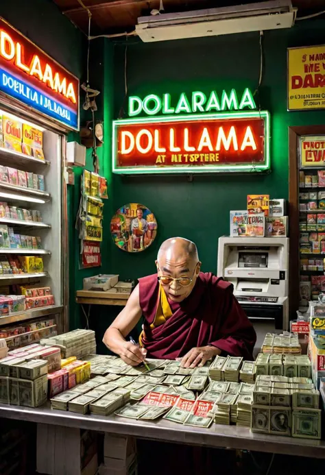 Photo of neon light says "Dollarama", Dalai Lama working at dollar store, art by J.C. Leyendecker, Canon 5d Mark 4, Kodak Ektar,