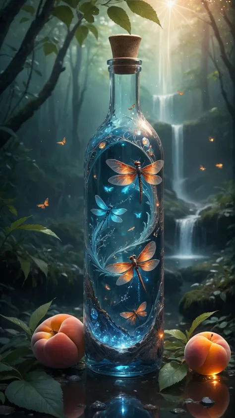 (masterpiece, high resolution, illustration, UHD:1.3), (fantasy-themed alchemical curved,faceted,medium bottles:1.4), (platinum parts:1.2), (whimsical shapes:1.2), (luminous peach,blue,orange liquid:1.2), (glowing runes:1.1), (magical sparks:1.1), (exquisite detailing:1.2), (elaborate stoppers:1.1), (ornamental engravings:1.2), (dazzling gemstone accents:1.1), (enchanted forest backdrop:1.2), (sunlight filtering through leaves:1.1), (mysterious mist:1.2), (floating fireflies:1.1), (ethereal dragonflies,butterflies:1.2), (sparkling waterfalls:1.1), (whimsical creatures:1.2), (warm pastel colors:1.2), (dreamlike atmosphere:1.2)
