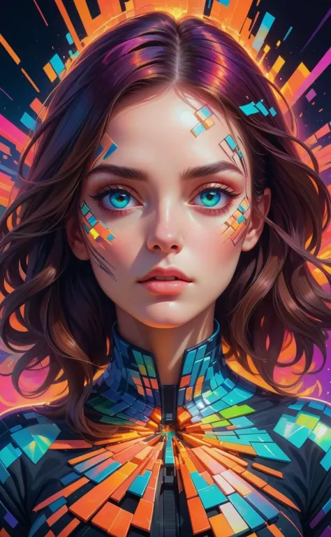 A surreal, glitch art-inspired portrait of a woman with fragmented, kaleidoscopic features, her eyes ablaze in neon chaos, and pixelated, iridescent contours capturing her enigmatic essence. | masterpiece, best quality, finely-detailed, perfect focus, sharp, vibrant, subject-background isolation