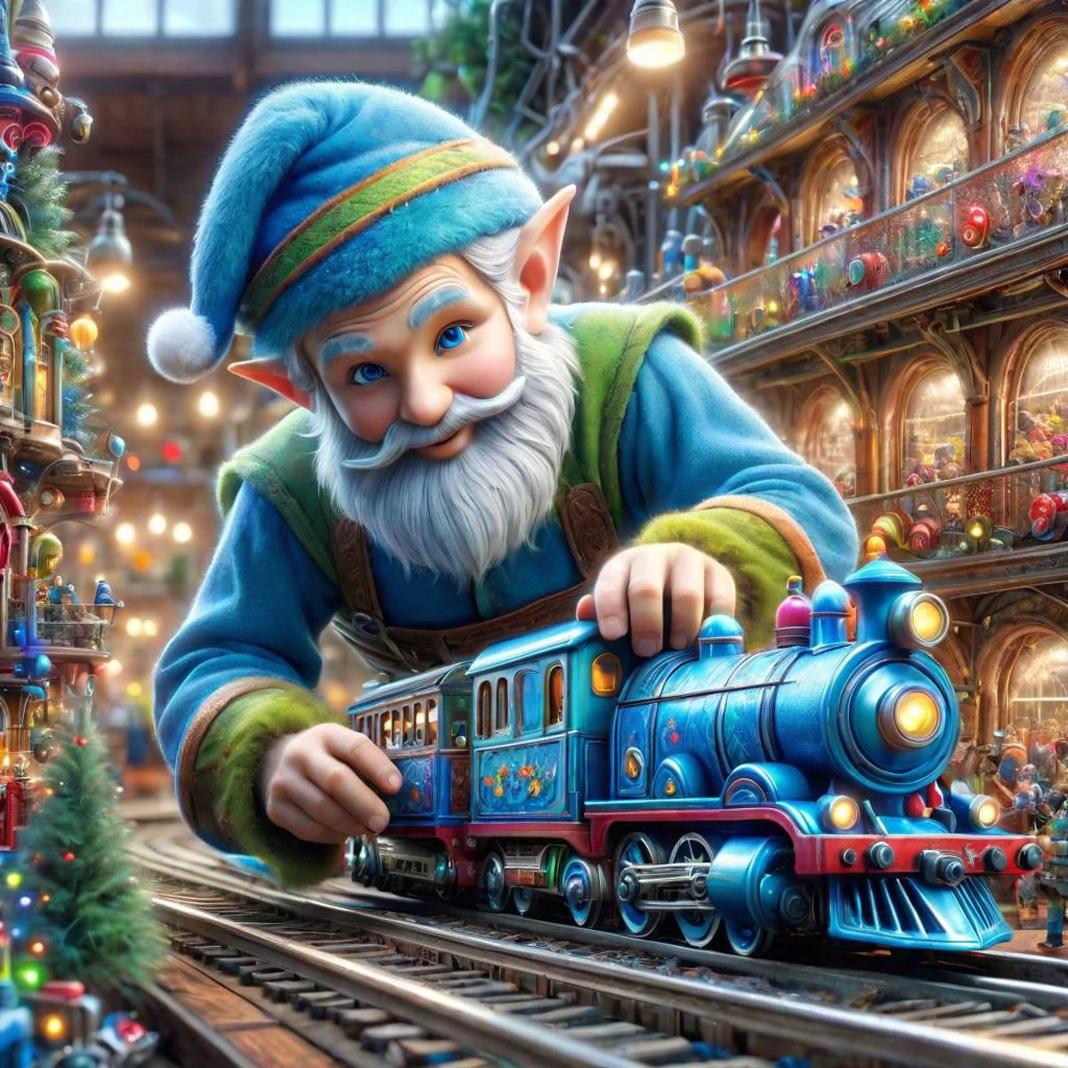 Giant realistic young beardless blue elf fixing a toy train that has a whole toy factory inside of it. extremely detailed complex,masterpiece, colorful, hdr, 4k, clean, clear, in focus, photo, photorealistic