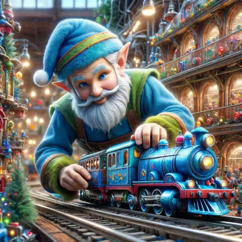 Giant realistic young beardless blue elf fixing a toy train  that has a whole toy factory inside of it. extremely detailed complex,masterpiece,  colorful, hdr, 4k, clean, clear, in focus, photo, photorealistic