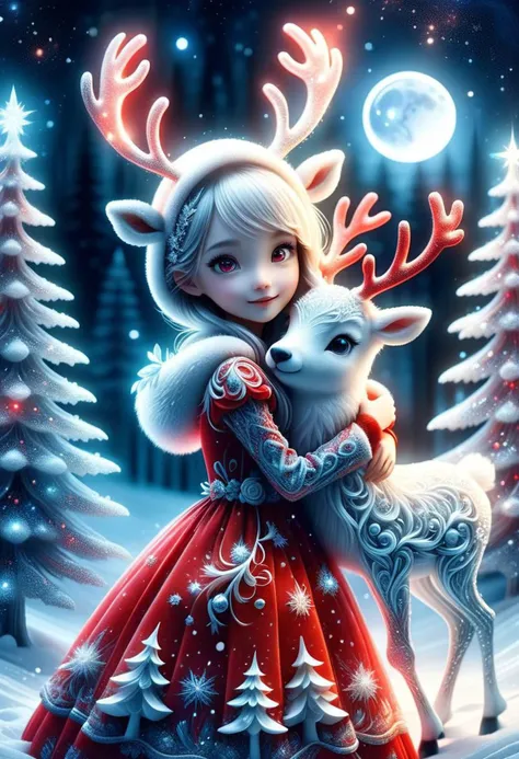 (FrostedStyle, SnowStyle, AuroraStyle:0.3), cute girl wearing red Christmas dress is hugging small reindeer,
(snowy forest, moonlight, Christmas trees), (sparkles, sparkling clothes, sparkling eyes),