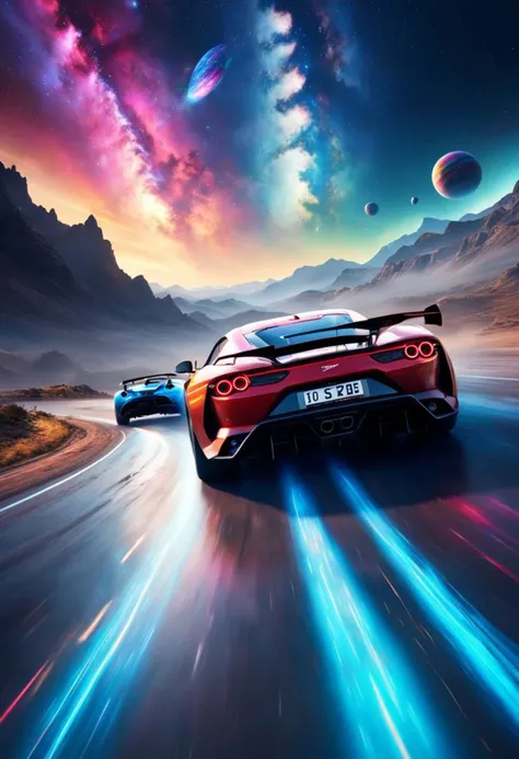 (masterpiece, best quality), high resolution, (8k resolution), (ultra detailed), The picture shows a car trail suspended in the starry sky, Two racing cars racing towards the camera, Super sports car, Plasma engine, Colorful planets and nebulae in the background, hyperrealistic, more details, low saturation, realism, Phototexture