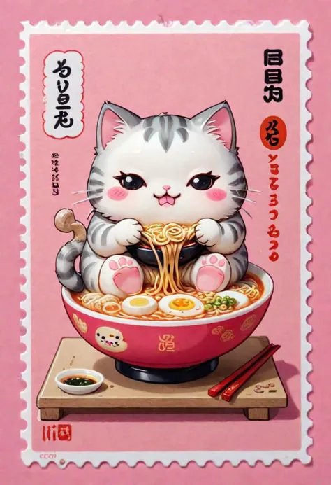 Kawaii stamp fat chibi cat eating ramen, pink background