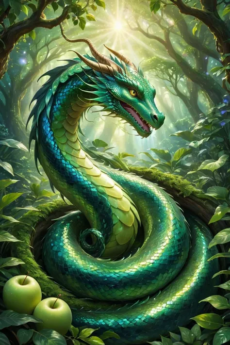 green majestic serpent-like dragon, iridescent scales, coiled protectively around the trees, lush, otherworldly garden,
enchanting Garden filled with celestial flora, ethereal light,
rich golden apples, vibrant green garden, iridescent colored scales, divine,
magical and radiant lighting,
centered, Semi-Realistic Digital Art.