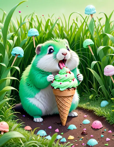 (Lemming), pastel green color, eating ice cream cone, yawning, candy growing in grass, sprinkles on ground