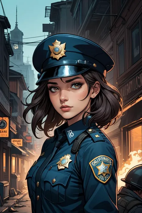 police officer girl, 
wering police hat, 
post apocalypse settings, 
2D dark comic illustration, 
anime fantasy, 
fine-inking, 
Thick black-outlines, 
cel-shaded, 
contour, 
mysterious, 
by alphonse mucha, 
artgerm, 
Town of Salem 2, 
darkest dungeon, 
iratus:lord of the dead