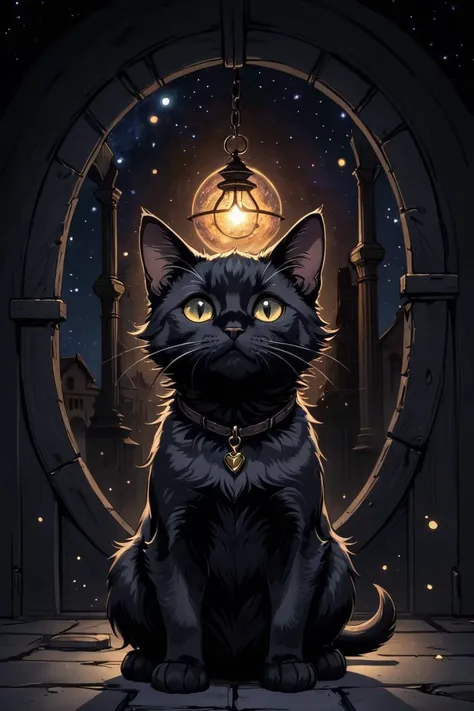 small adorable black cat,  living in a galaxy, 
2D comic illustration, 
anime fantasy, 
fine-inked Thick-outlines, 
cel-shaded, 
contour, 
mysterious, 
Dark, 
by alphonse mucha, 
Town of Salem 2, 
darkest dungeon, 
iratus:lord of the dead