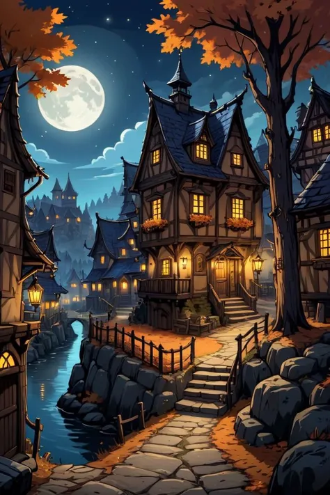 autumn village at night time,
celestial, cute, adorable, whimsical,
2D comic illustration,
anime fantasy,
fine-inked Thick-outlines,
cel-shaded,
contour,
mysterious,
Dark,
Town of Salem 2,
darkest dungeon