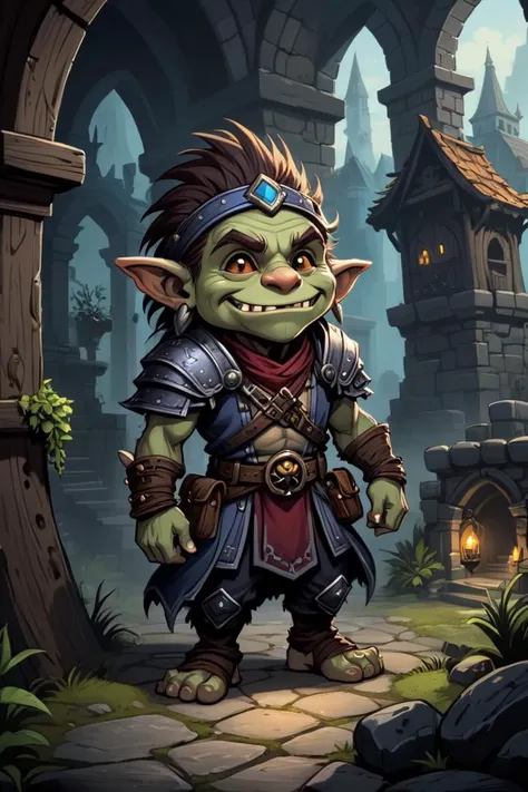 (high quality, highres, masterpiece), solo, male, adult, ((goblin, bald, green skin)), (large black pupils), angry, up close view, skimpy fantasy armour, holding a hammer, loincloth, big round nipples, ((round pectorals, large pecs, big male chest, soft muscular_chest)), (small_body, short_frame, shortstack), narrow_waist, large feet, medieval town, blacksmith's forge, simple lighting, full body view, (by milkytiger1145:0.9, by garnetto:0.5)