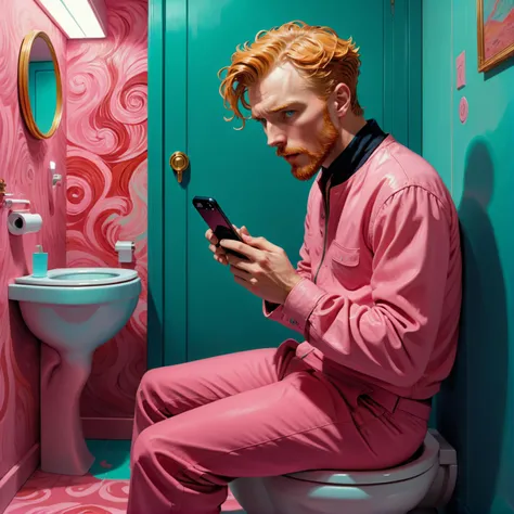 Volumetric Lighting modern reminiscent of the environment from the movie 'The Fifth Element',Vincent van Gogh sits on the toilet is holding an iPhone in his hand,korben dallas apartment at night,toilet pastel color,red and pink,Tacky styling,roccoco,Two shot,<lora:add_detail:0.5>, , light depth, dramatic atmospheric lighting, Volumetric Lighting