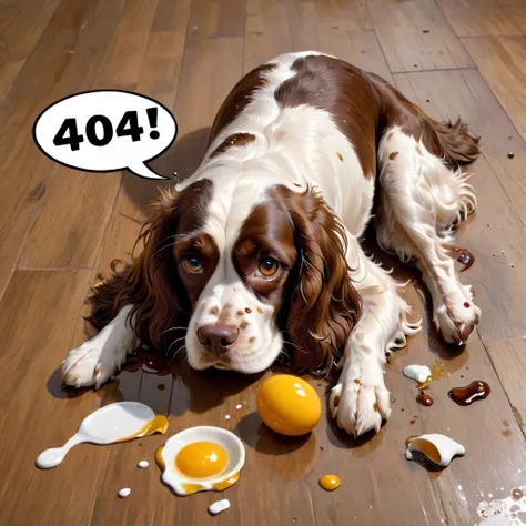"404" TEXT LOGO. Oil Painting Close up of brown and white Cocker Spaniel, lying on floor, yolk, broken dishes, and spilled brown liquid . Comic strip speech bubble "404",<lora:Harrlogos_v2.0:0.800000>
Steps: 27, Sampler: DPM++ 2M Karras, CFG scale: 5.0, Seed: 3016069149, Size: 1024x1024, Model: starlightAnimated_v3-5