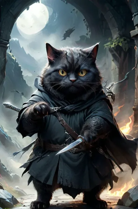 fat cat in the style of Nasgul from Lord of the Rings, with a black blade in his hand, black hood, in motion, fluffy paws, action-packed background <lora:add-detail-xl:1> <lora:xl_more_art-full_v1:1>