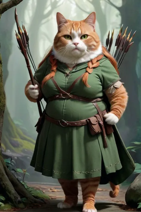 a fat cat dressed as Tauriel the Elf from the movie The Hobbit, blades in her paws, a bow with a quiver of arrows behind her back.