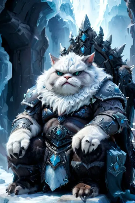 fat cat in the style of the lich king from Warcraft, sitting on an icy throne, fluffy paws, action-packed background <lora:add-detail-xl:1> <lora:xl_more_art-full_v1:1>